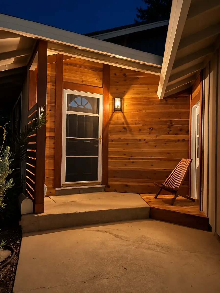 Warm light falling across the timber entrance of the Serene home at dusk